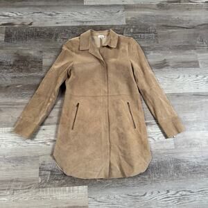 Ecru Tan Suede Leather Jacket Zip Front Longline Minimalist Size Small